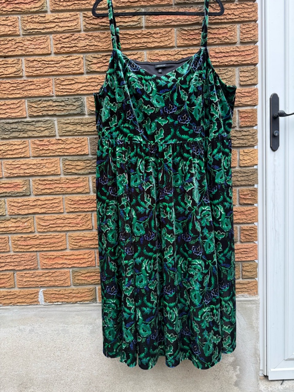 Black Crushed Velvet Floral Slip Dress with Green Print